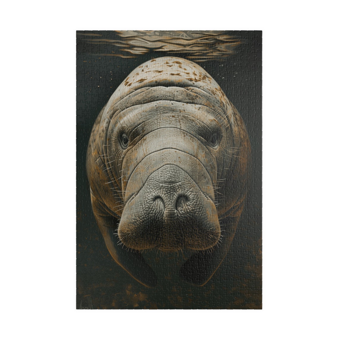 Gentle Manatee Face Close Up Swimming in Dark Ocean Water Print - Image 3