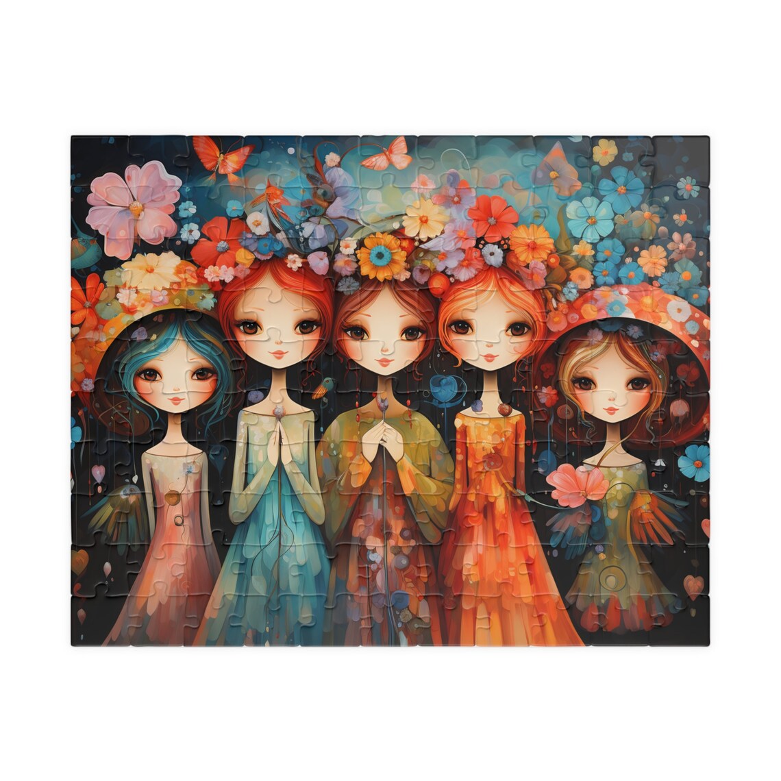 Five Whimsical Flower Girls in Colorful Gowns and Floral Crowns Print - Image 2