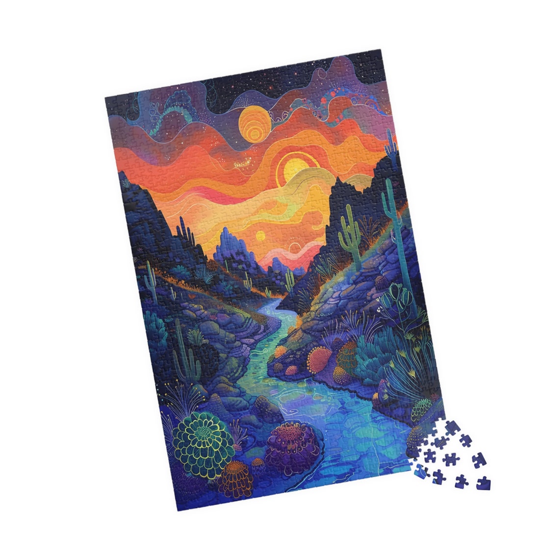 Psychedelic Desert Valley Sunset with Saguaro Cacti River Poster - Image 4