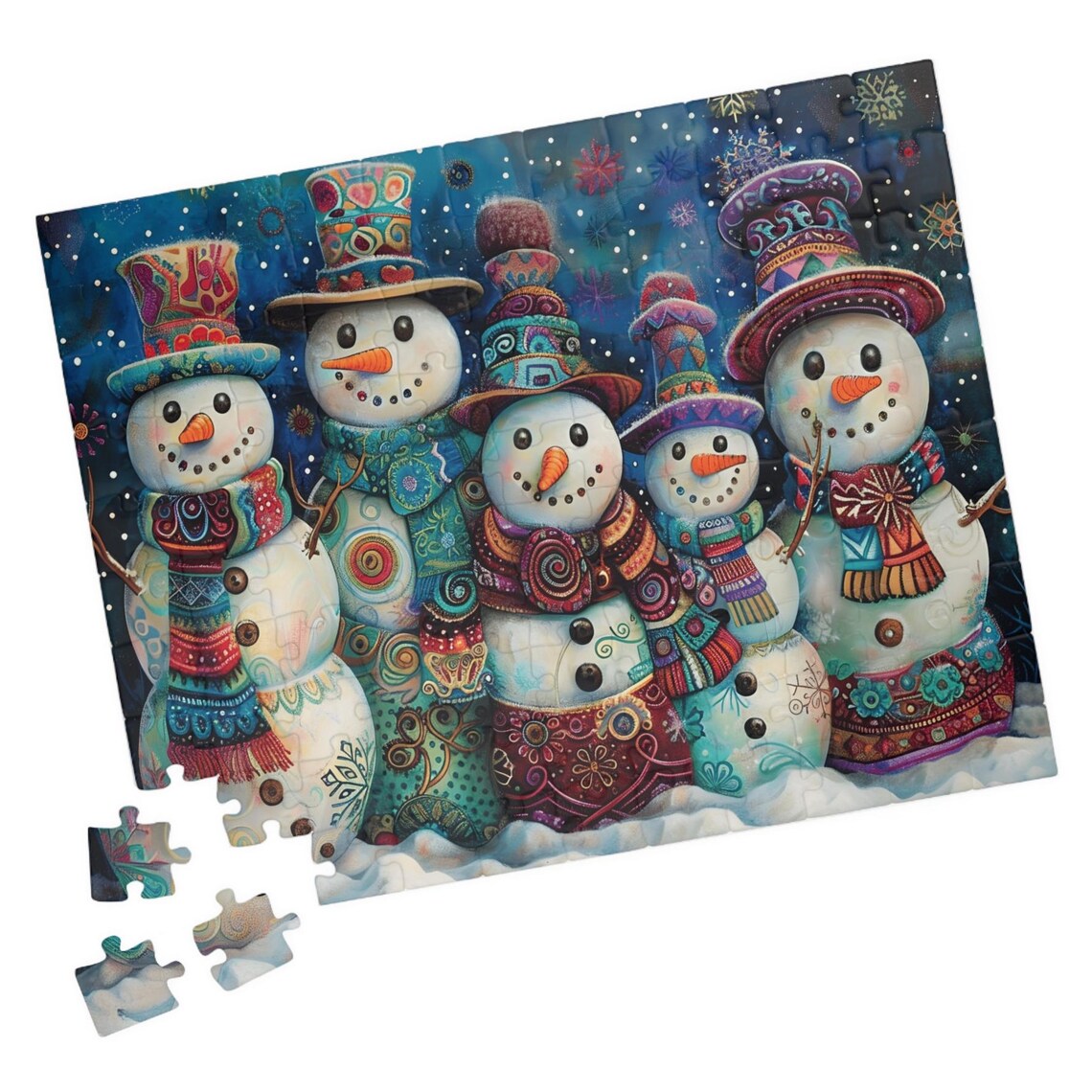 Five Whimsical Snowmen Friends in Tall Colorful Hats Night Poster