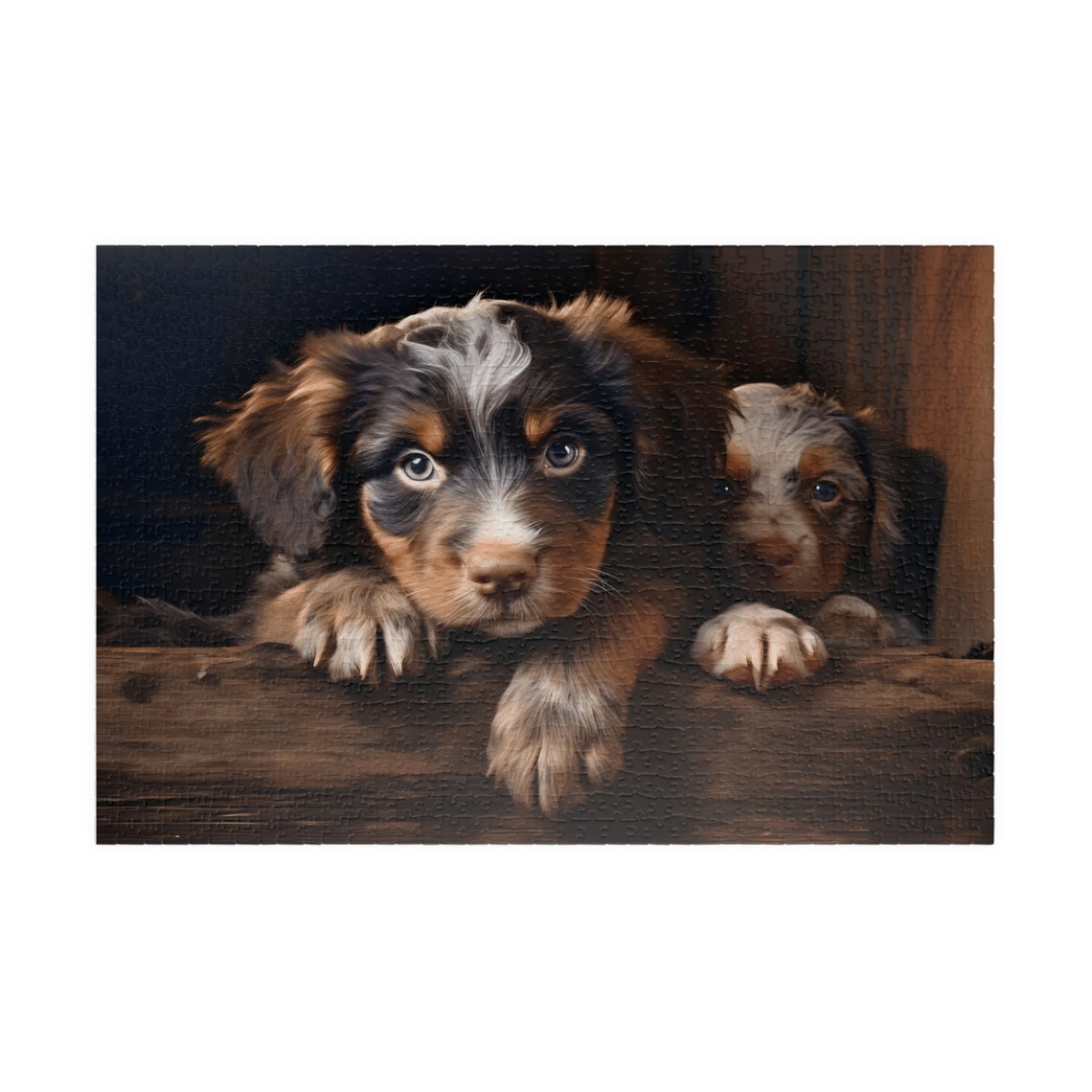 Two Cute Puppies Peeking Over a Rustic Wooden Edge Art Poster - Image 4