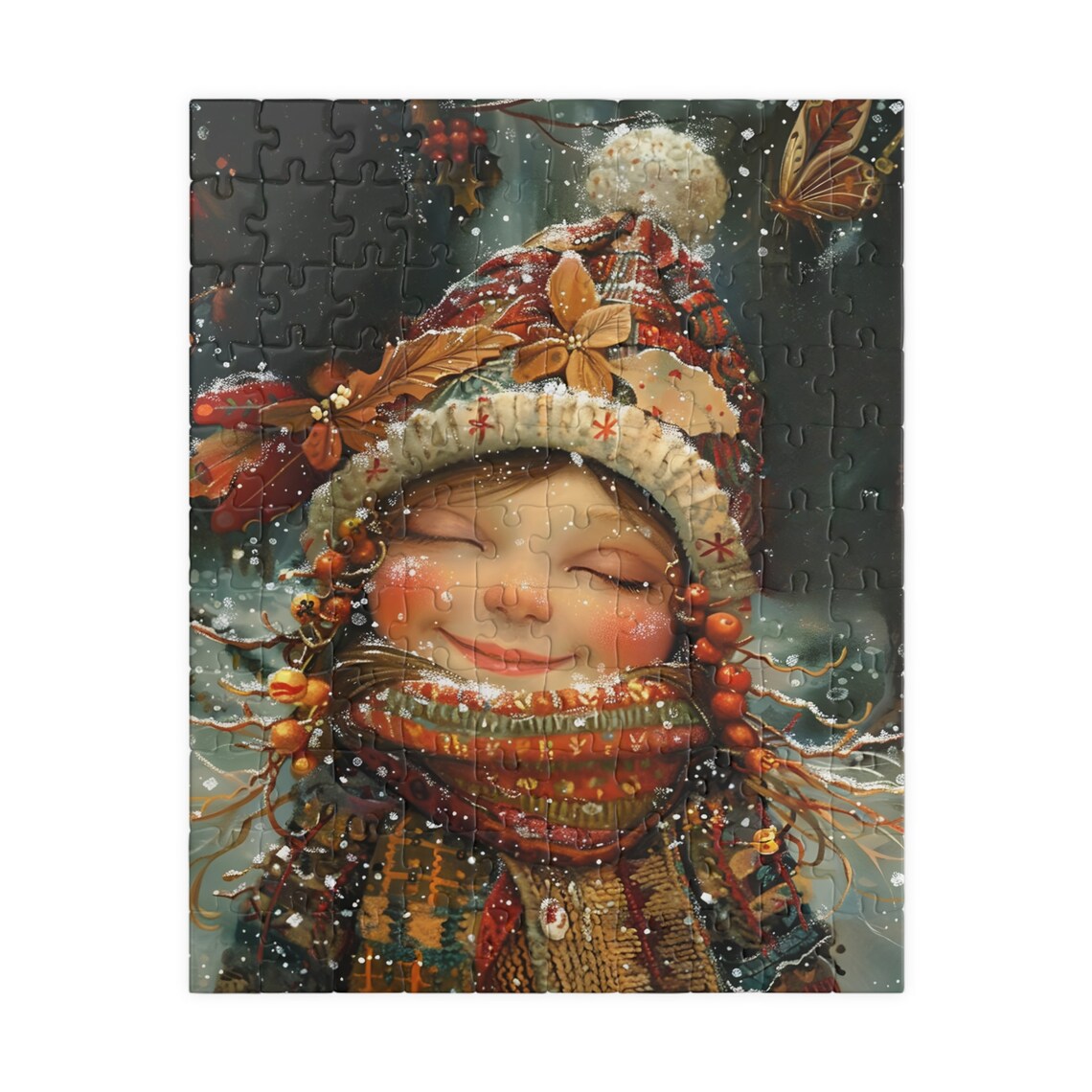 Smiling Girl in Festive Winter Hat and Scarf in Falling Snow Poster - Image 5