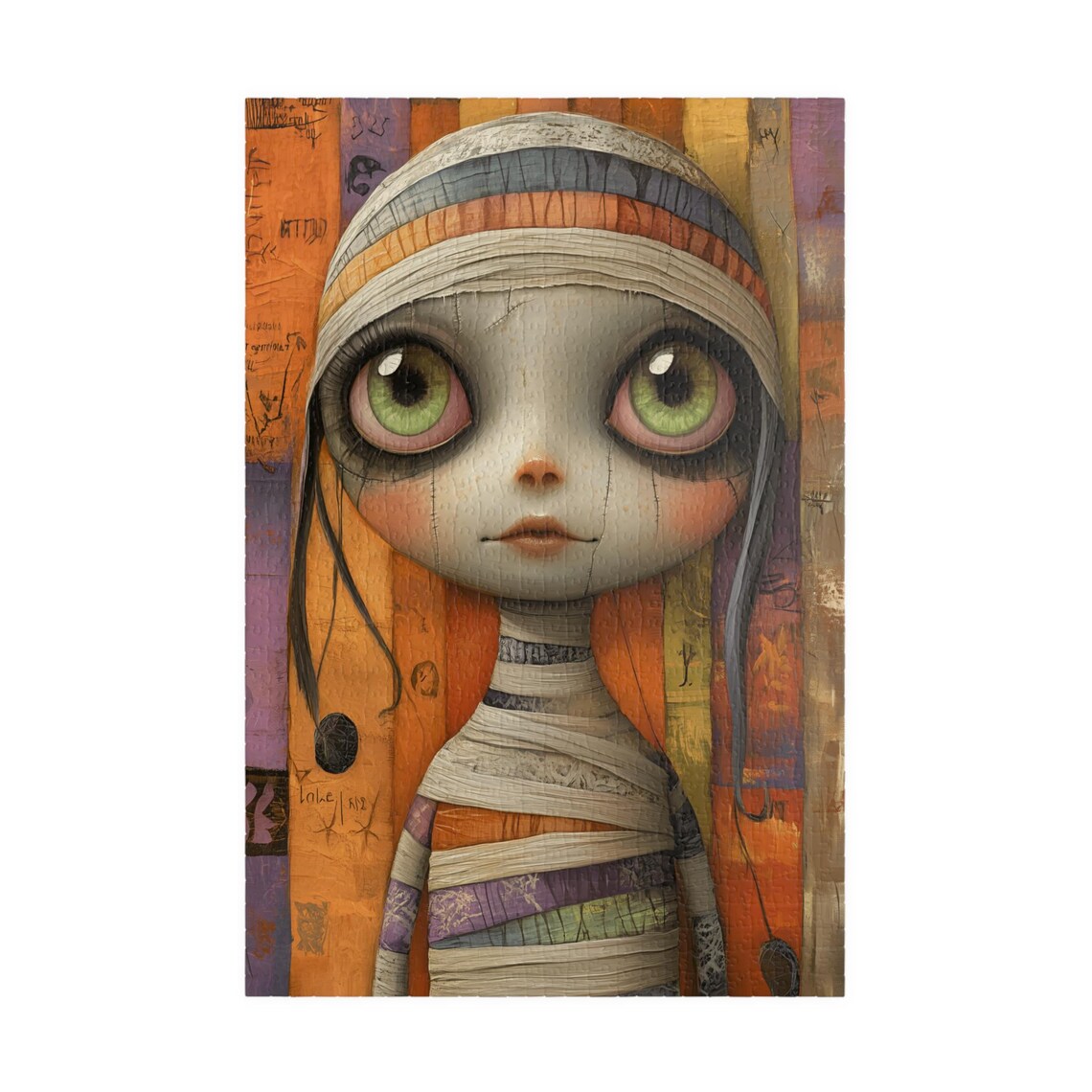 Cute Halloween Mummy Girl with Big Green Eyes Spooky Art Poster - Image 3