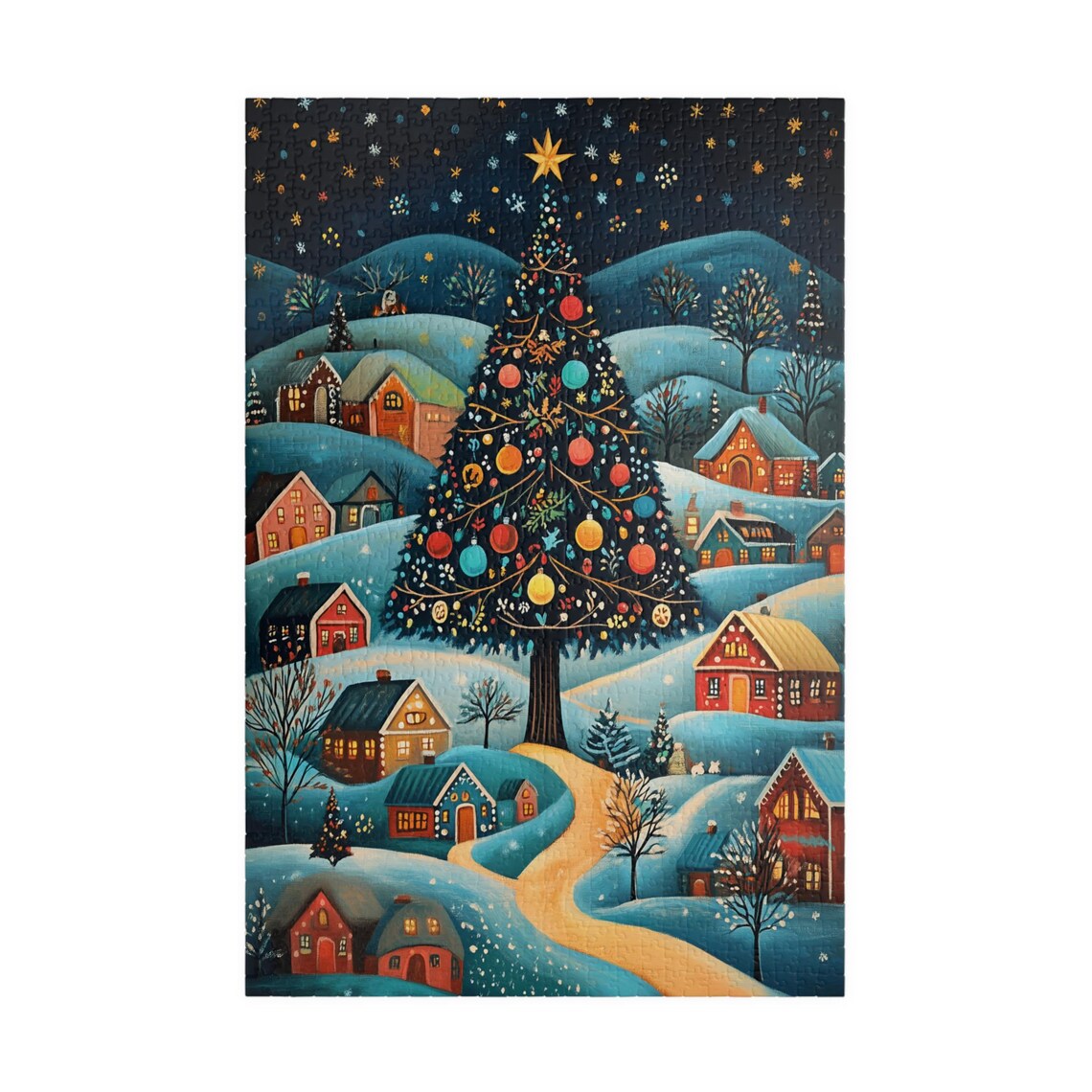 Folk Art Christmas Tree in a Snowy Night Village Festive Art Print - Image 3