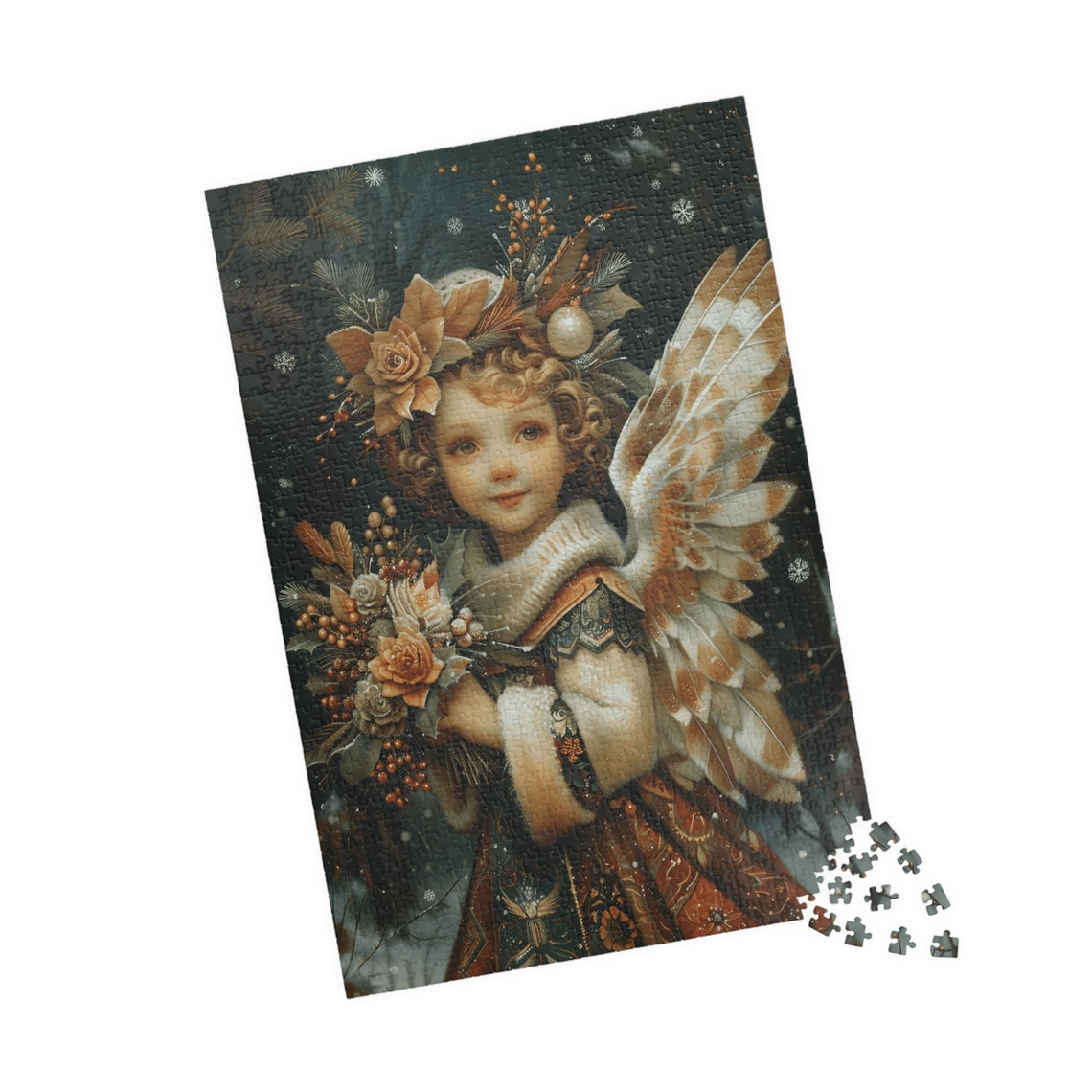 Winter Angel Child with Feathered Wings Holding Holiday Flowers Poster - Image 4