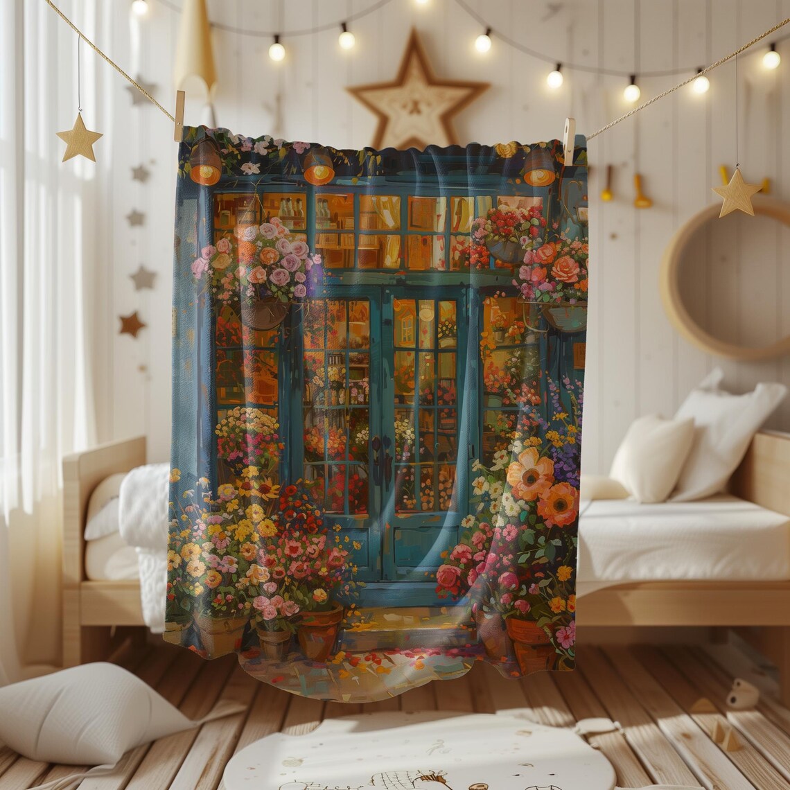 Charming Teal Flower Shop Covered in Colorful Blooms Watercolor Poster
