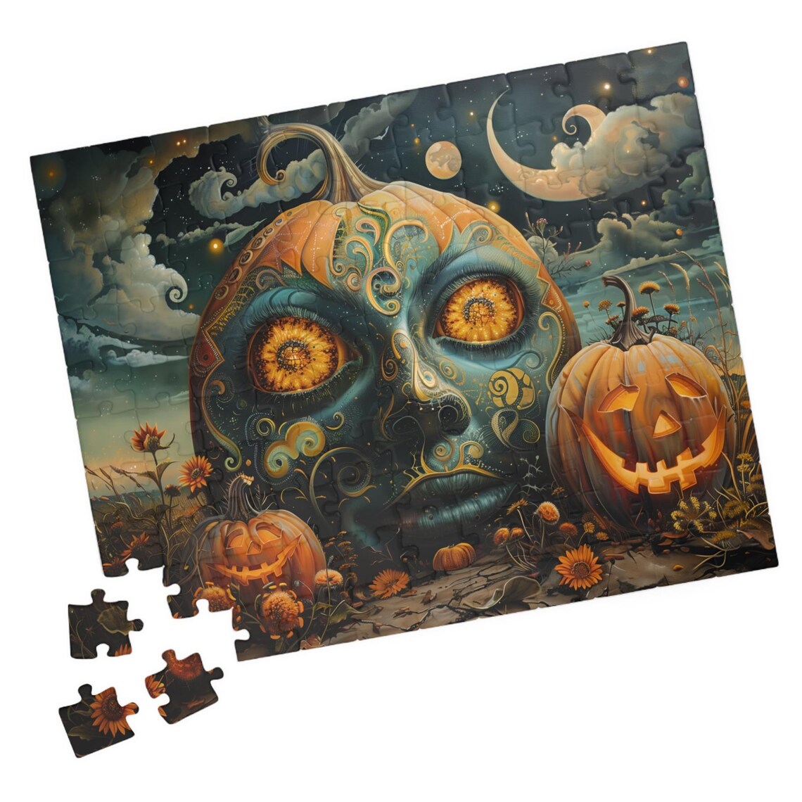 Dark Cottagecore Pumpkin With Ornate Painted Face Under Crescent Moon Poster