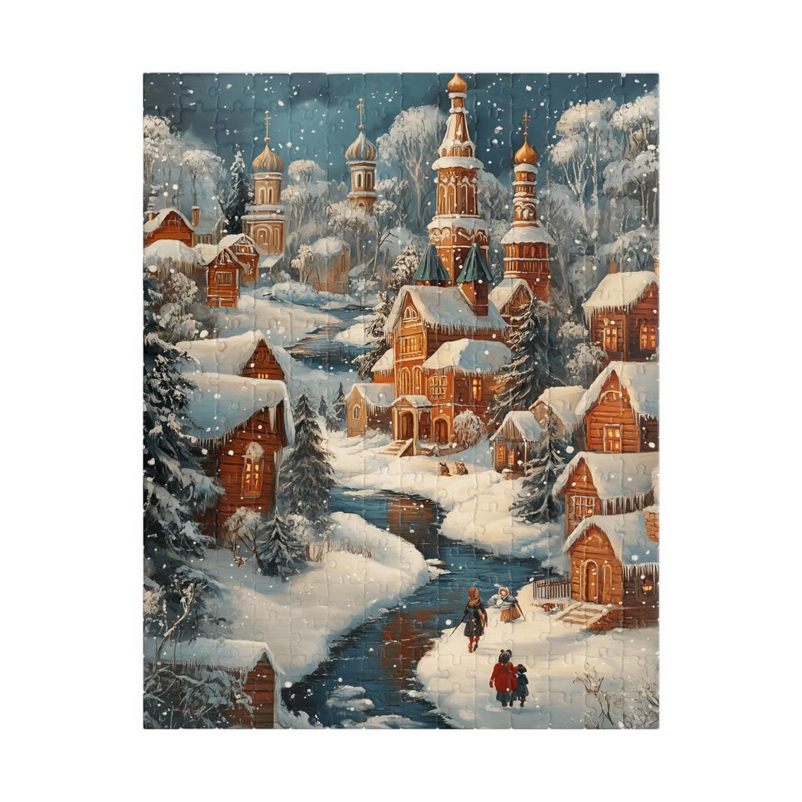 Russian Winter Village With Onion Dome Churches Night Art Poster - Image 5