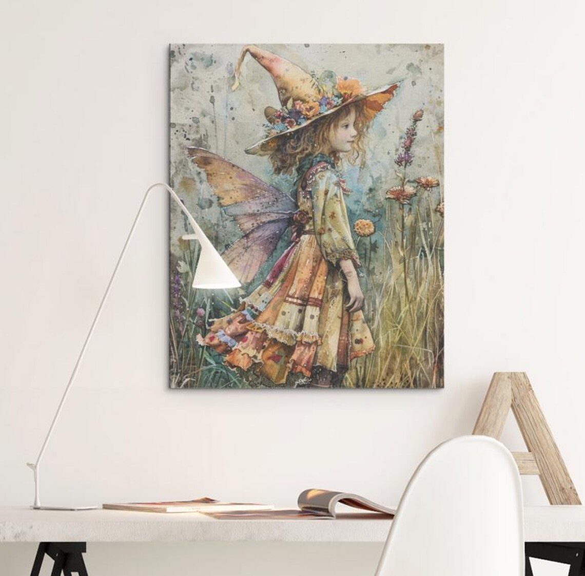 Fairy Witch Girl Floral Witch Hat Meadow Watercolor Art Poster