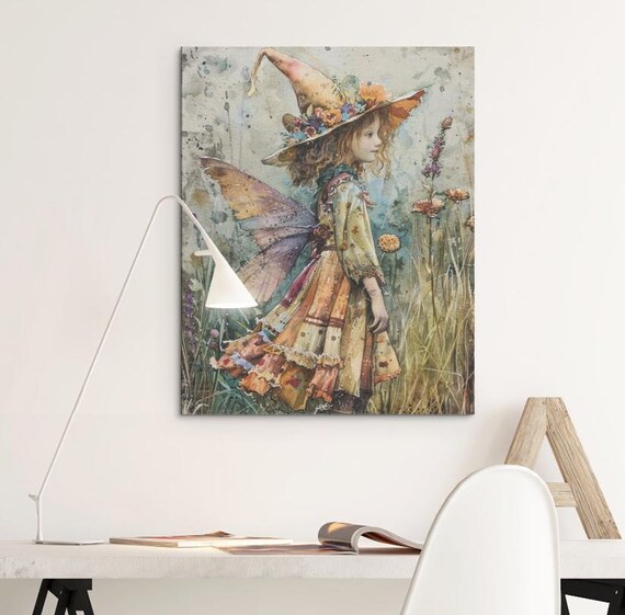 Fairy Witch Girl Floral Witch Hat Meadow Watercolor Art Poster