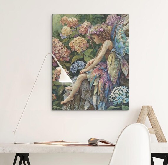 Hydrangea Fairy Sitting Stone Wall Blue Wings Floral Art Poster