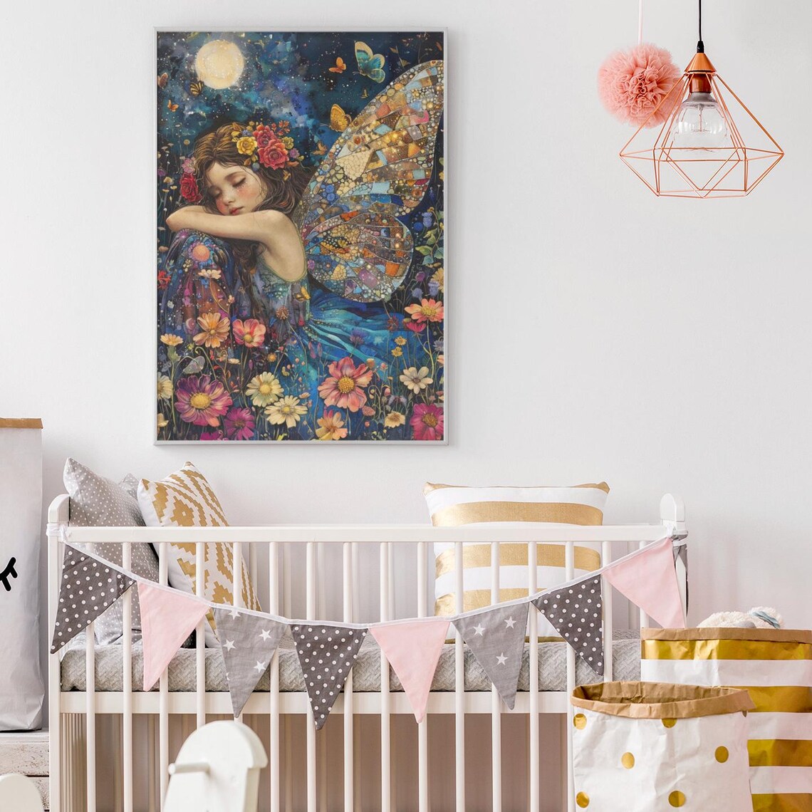 Dreaming Fairy with Mosaic Wings Sleeping among Night Flowers Poster - Image 2