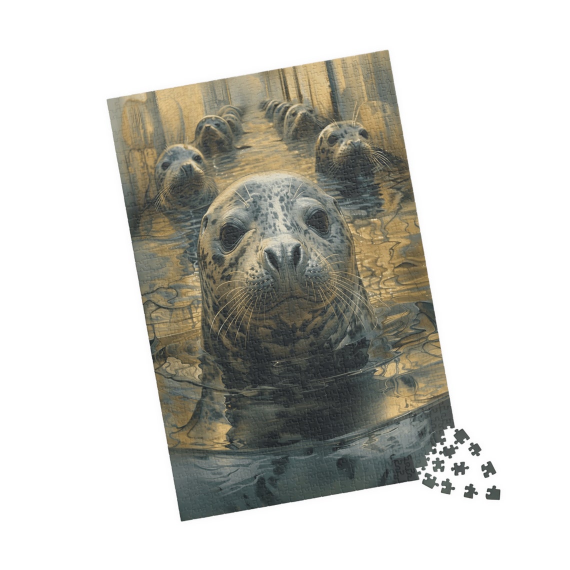 Curious Seals Swimming in Golden Sunlit Water Close Up Art Print - Image 4
