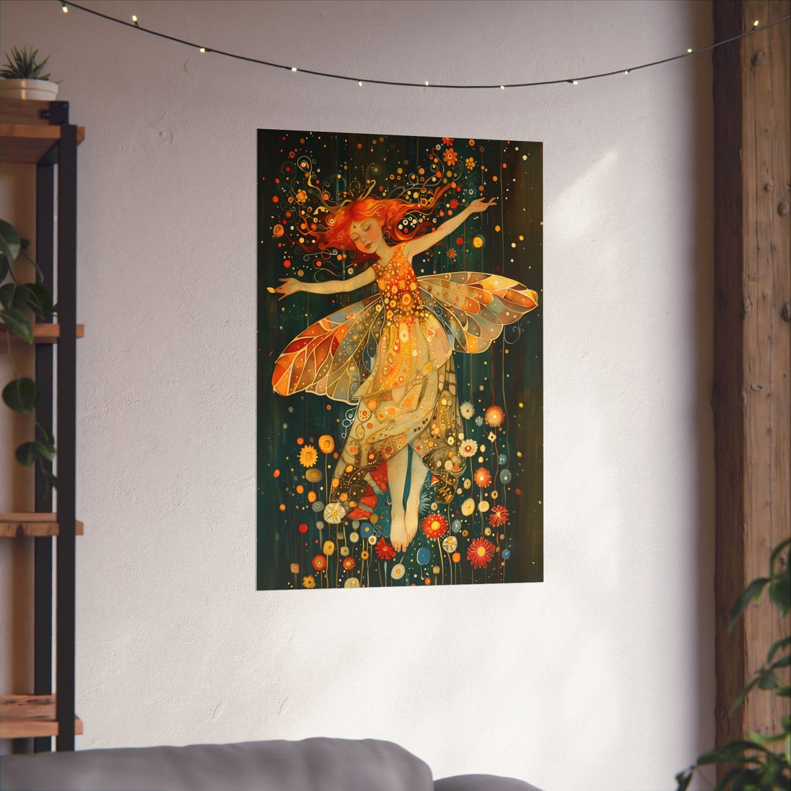 Red Haired Fairy Girl Dancing Joyfully Among Night Flowers Poster