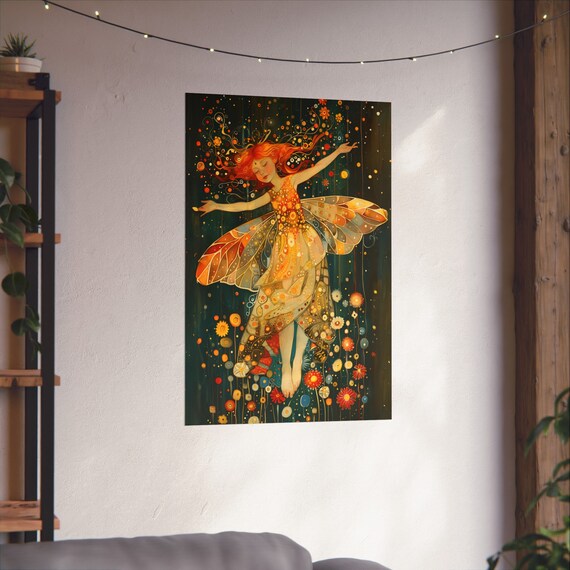 Red Haired Fairy Girl Dancing Joyfully Among Night Flowers Poster