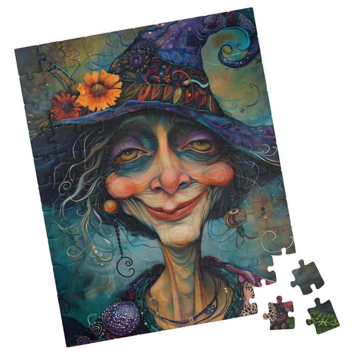 Smiling Witch Wearing a Patterned Purple Hat Portrait Poster
