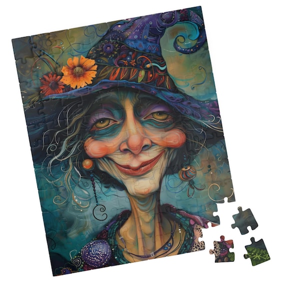 Smiling Witch Wearing a Patterned Purple Hat Portrait Poster