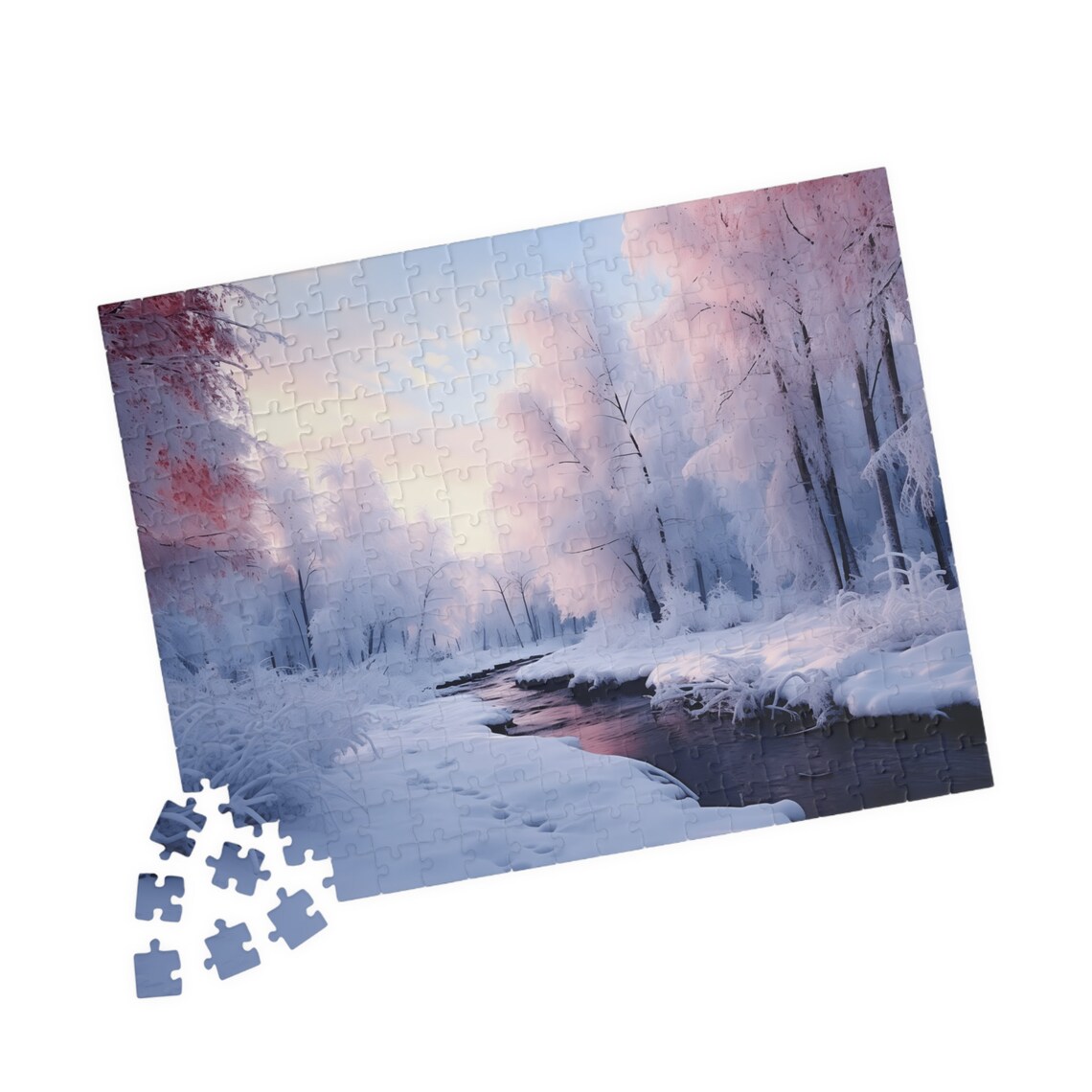 Snowy Forest Stream Early Winter Sunrise Pastel Pink Snow Poster - Image 4