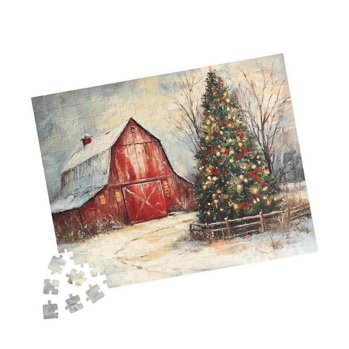 Red Barn Christmas Tree Snowy Winter Scene Jigsaw Puzzle Print - Image 4