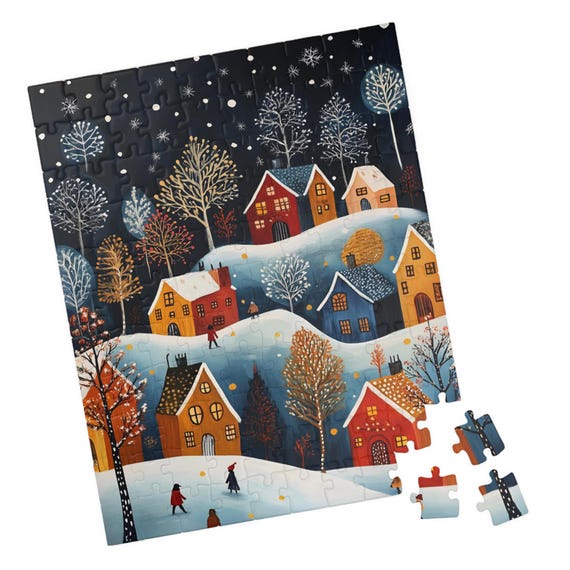 Snowy Village At Night Scandinavian Folk Art Jigsaw Puzzle Gift For Holidays Birthdays Get Well And Nursing Homes Tech Free Activity