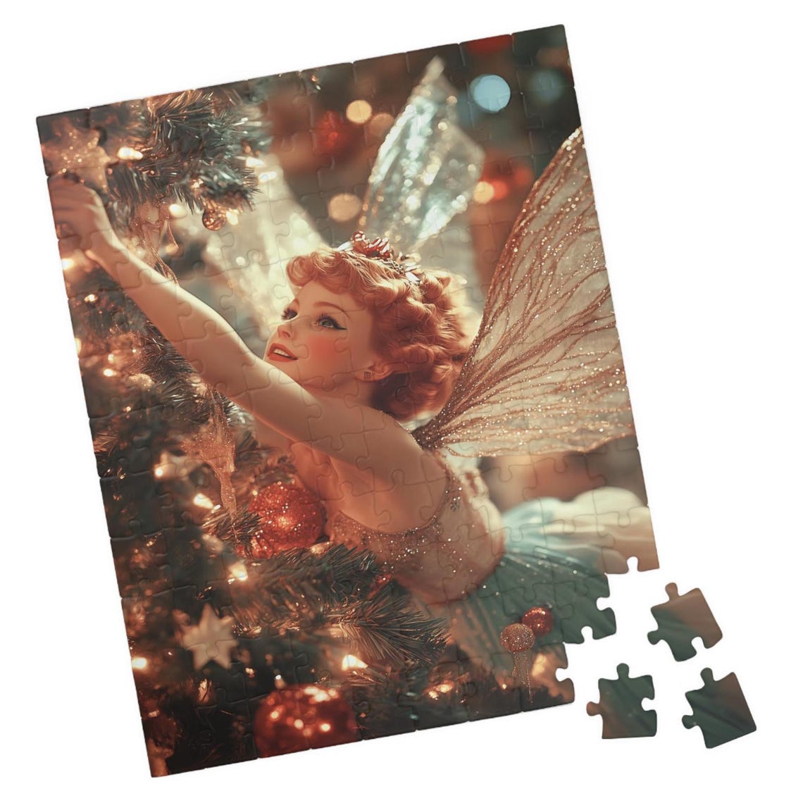 Vintage Fairy Decorating A Christmas Tree With Sparkling Wings Poster