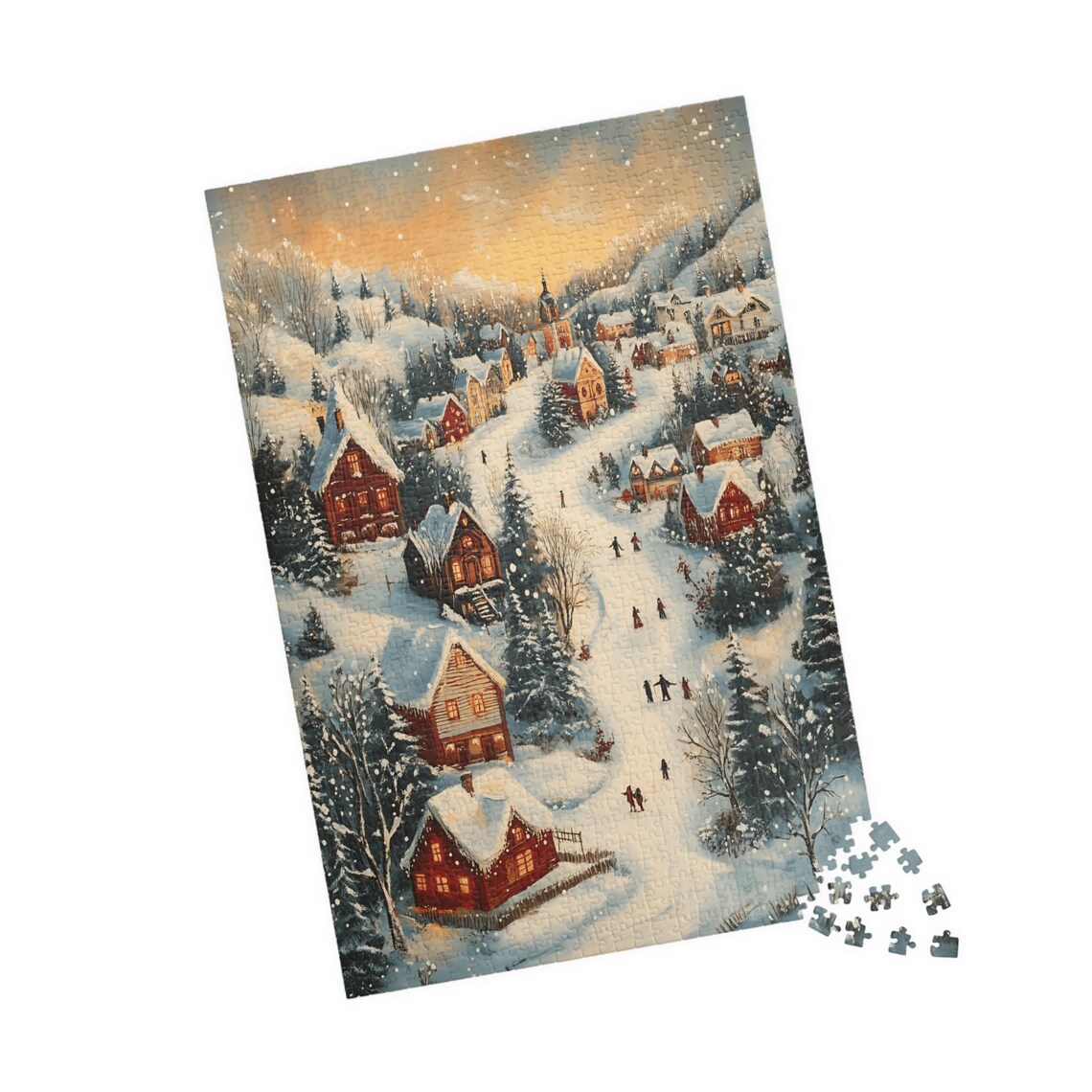 Scandinavian Snowy Village Sunset Skiers Folk Art Winter Poster - Image 4