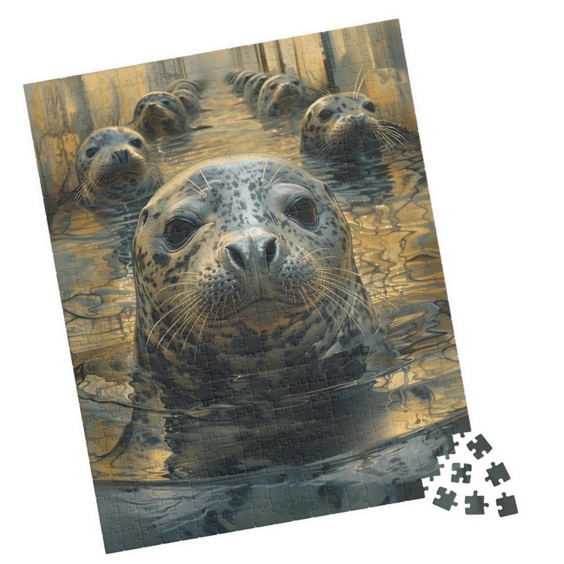 Curious Seals Swimming in Golden Sunlit Water Close Up Art Print