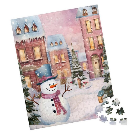 Cheerful Snowman in a Cozy Snowy Christmas Town Street Poster