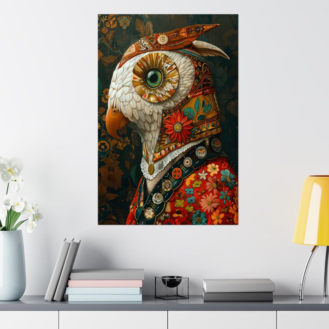 Ornate White Owl Portrait Wearing a Floral Patterned Coat Poster