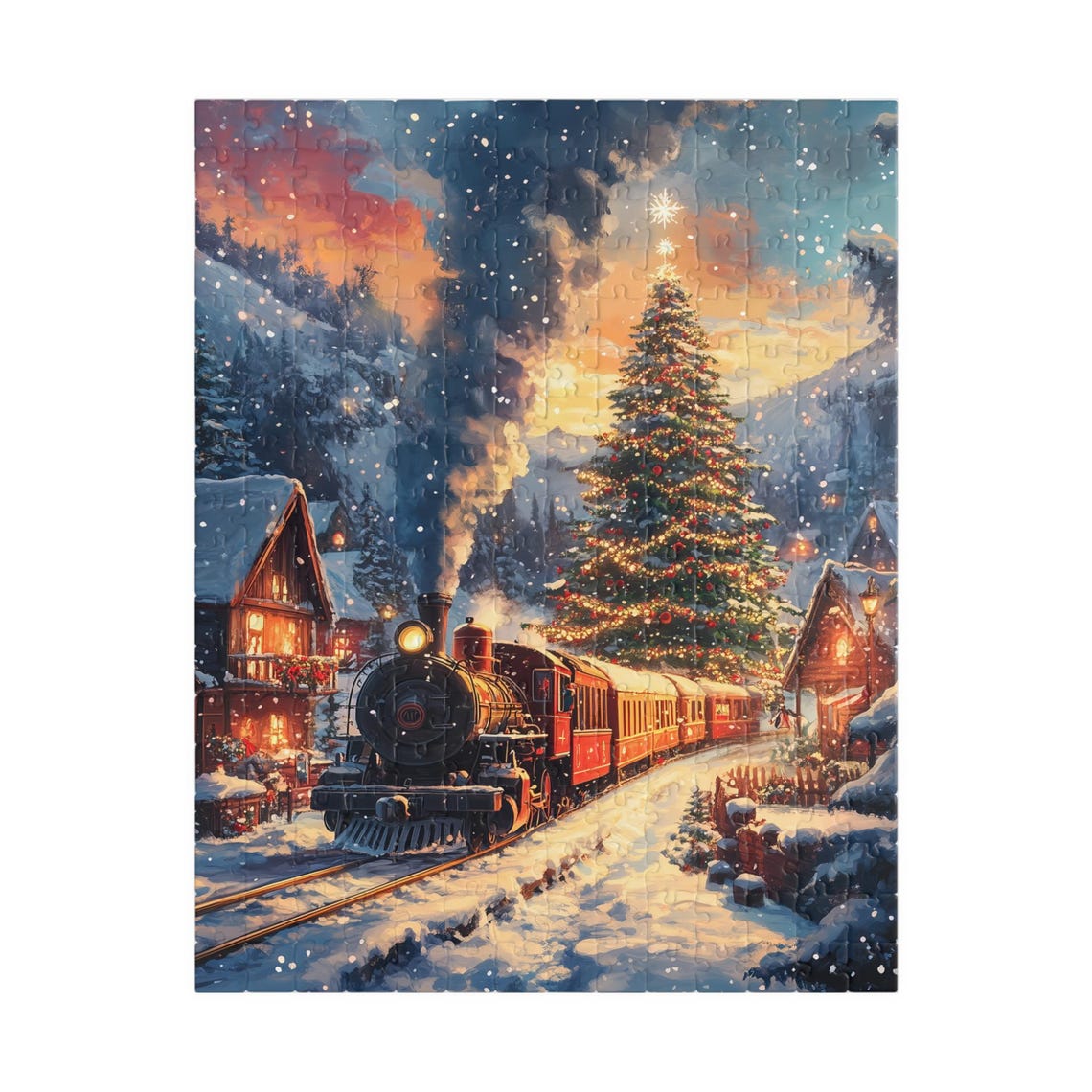 Christmas Village Steam Train at Sunset by Glowing Holiday Tree Poster - Image 5