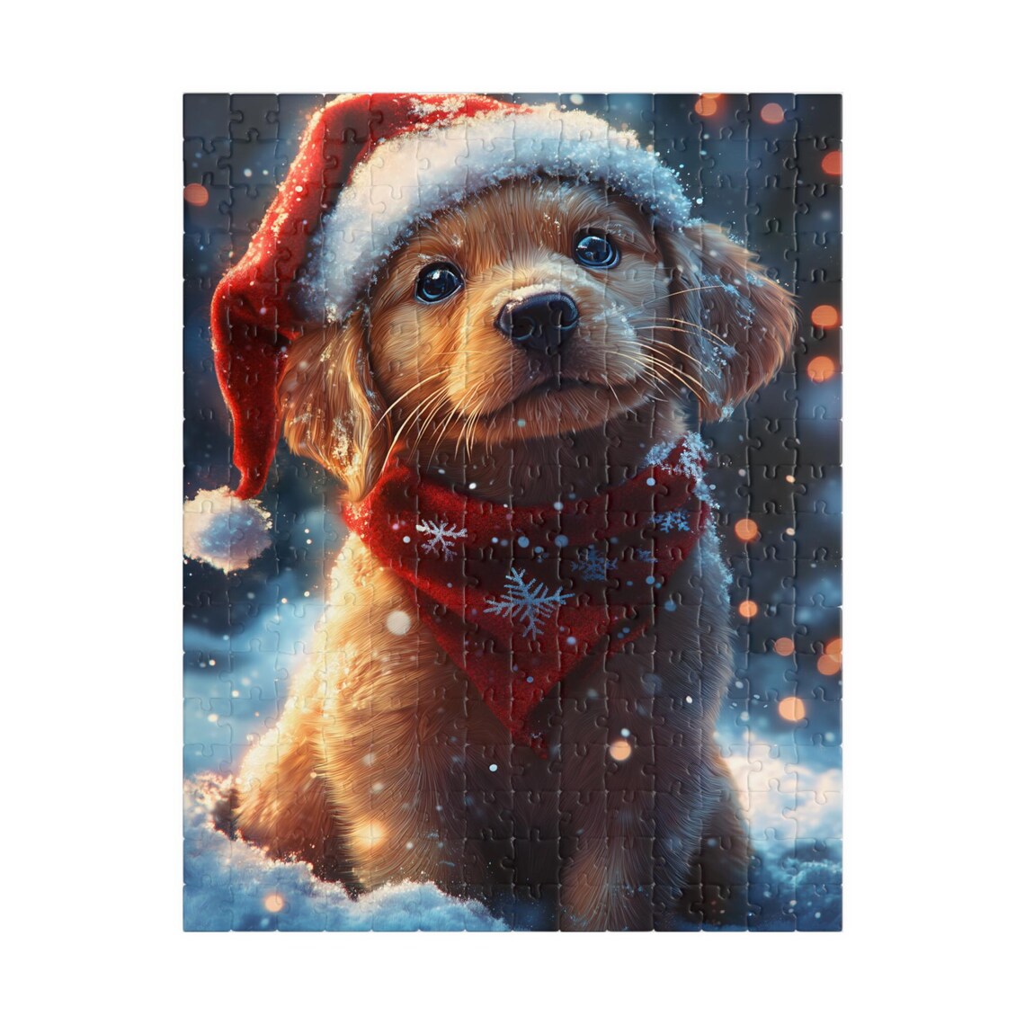 Golden Christmas Puppy in Santa Hat Art Print - Image 5