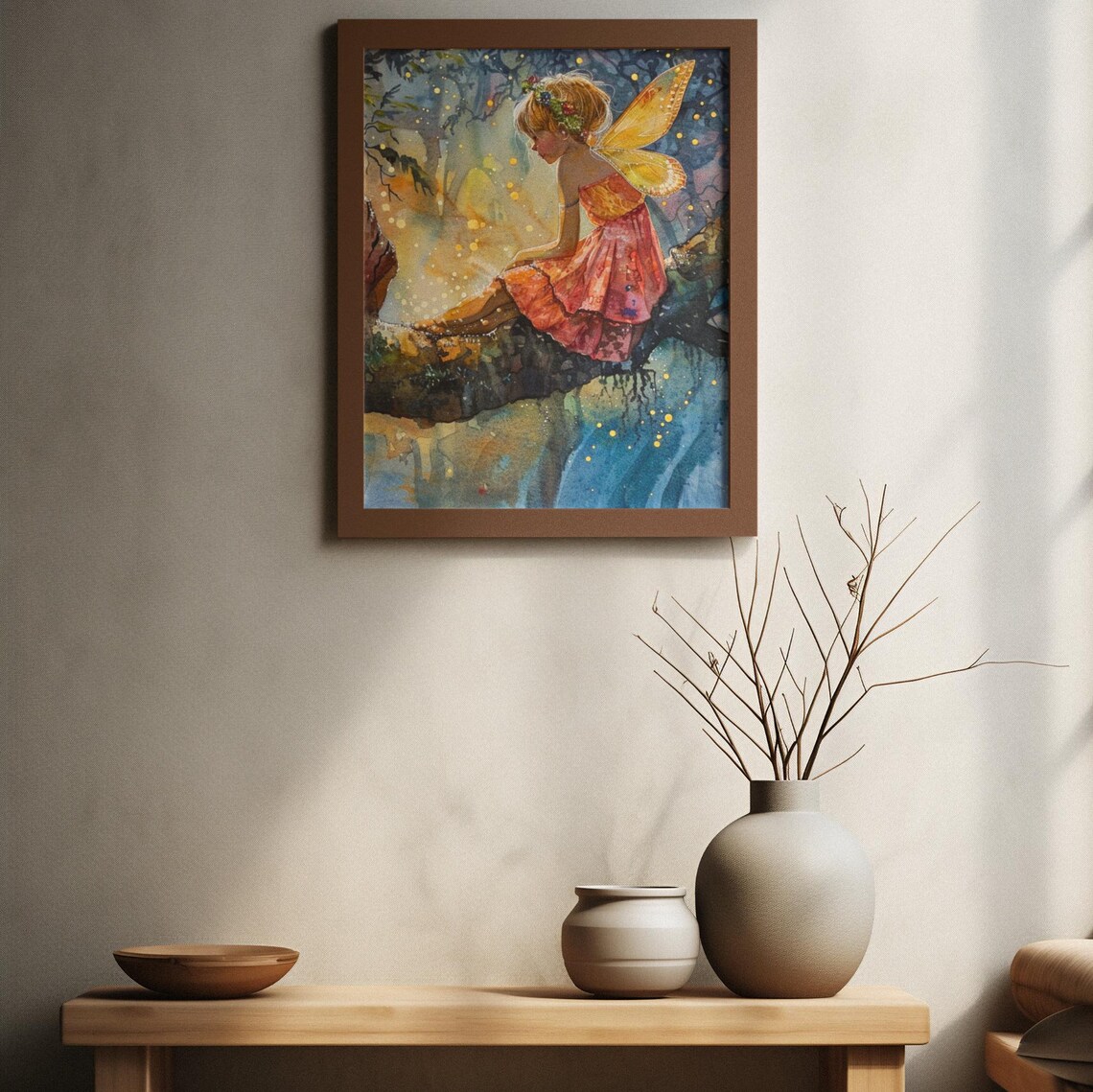 Fairy Sitting on Branch Over Water Golden Wings Watercolor Poster - Image 2