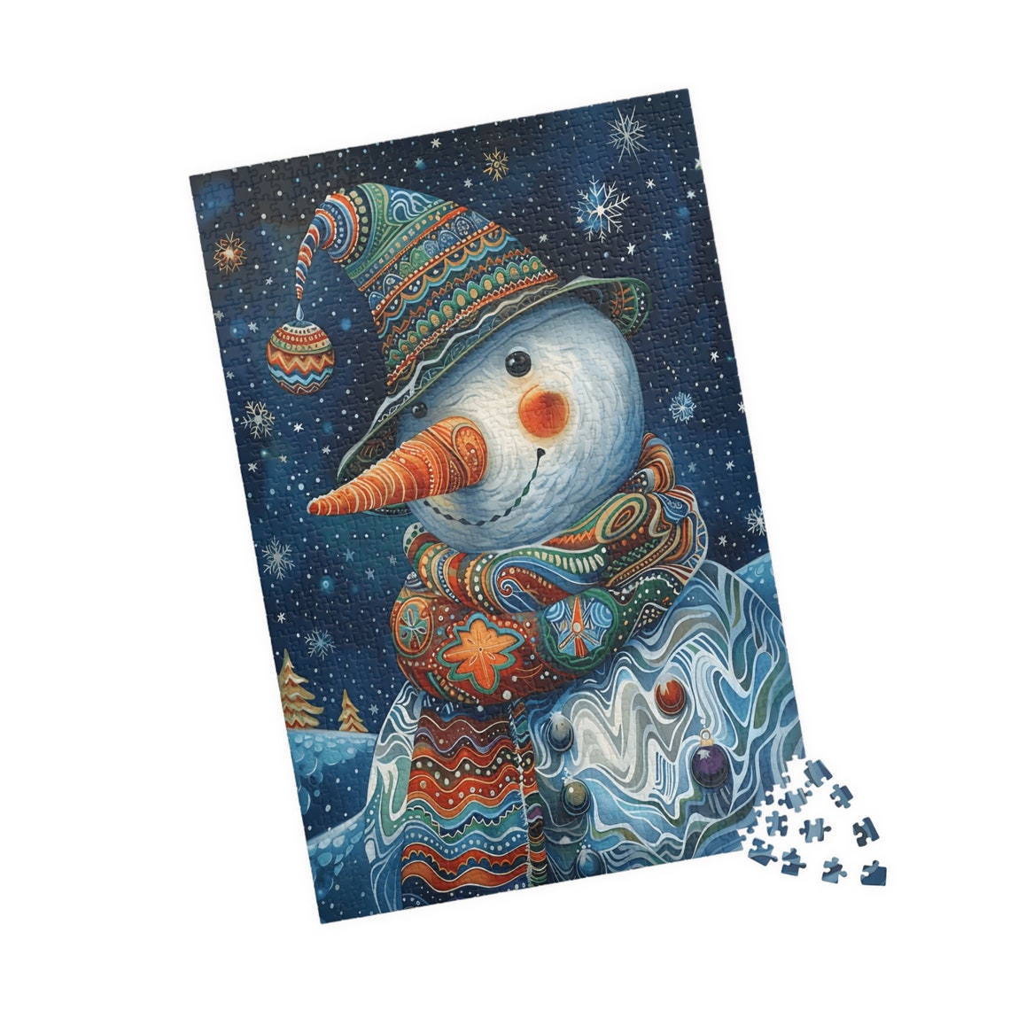 Snowman Under Starry Night Sky With Ornate Hat Winter Art Poster - Image 4