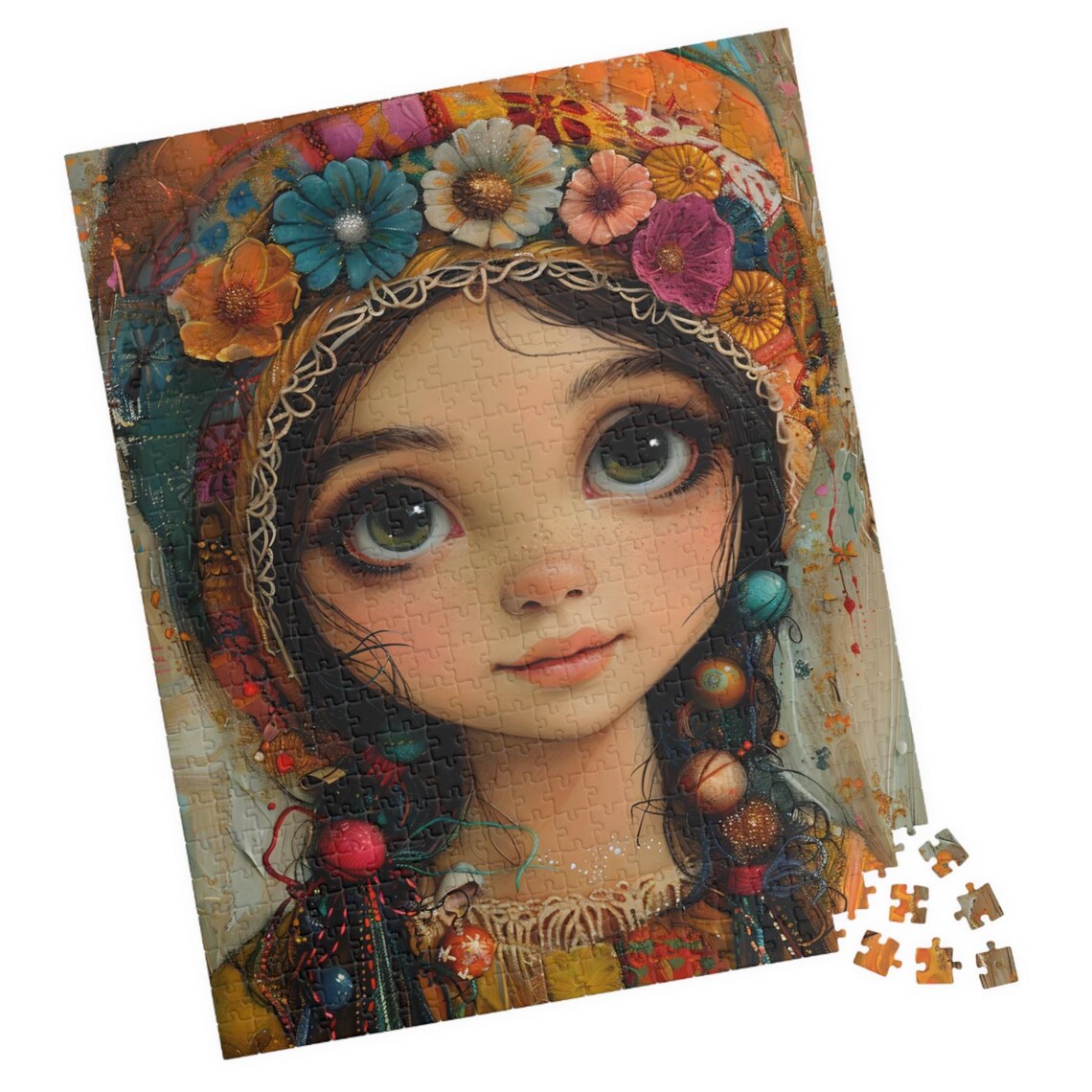 Peasant Girl Portrait With Flower Hat Big Green Eyes Boho Art Poster