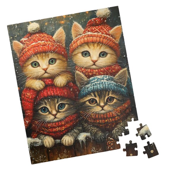 Four Kittens in Knit Hats and Scarves on Snowy Fence Cute Cat Poster