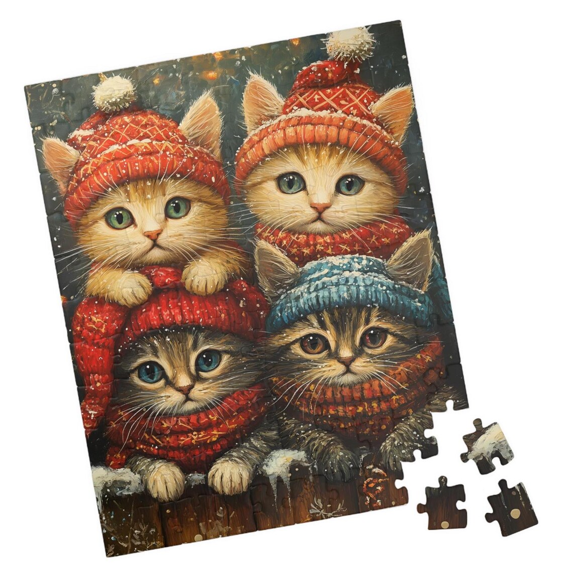 Four Kittens in Knit Hats and Scarves on Snowy Fence Cute Cat Poster