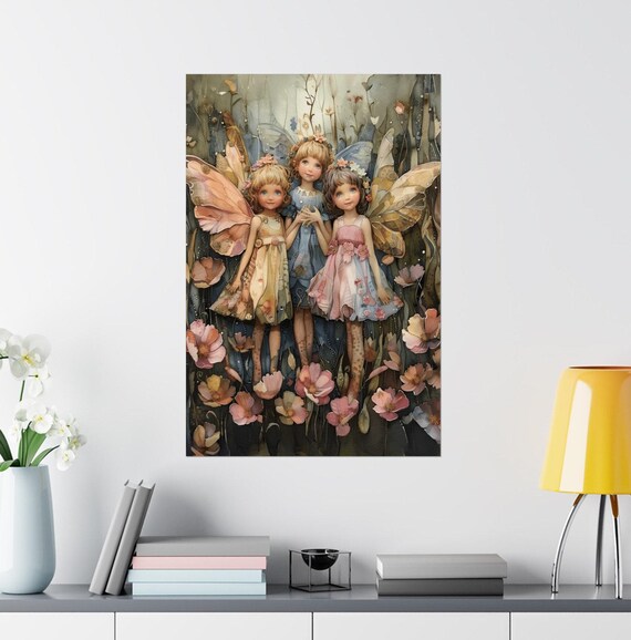 Three Fairy Sisters Dark Forest Cosmos Flowers Watercolor Poster