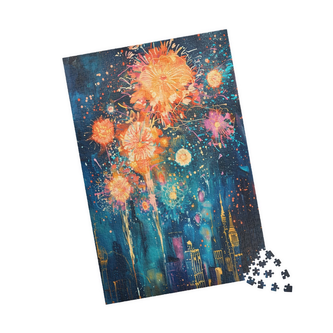 Abstract Fireworks over City Skyline at Night Celebration Art Print - Image 4