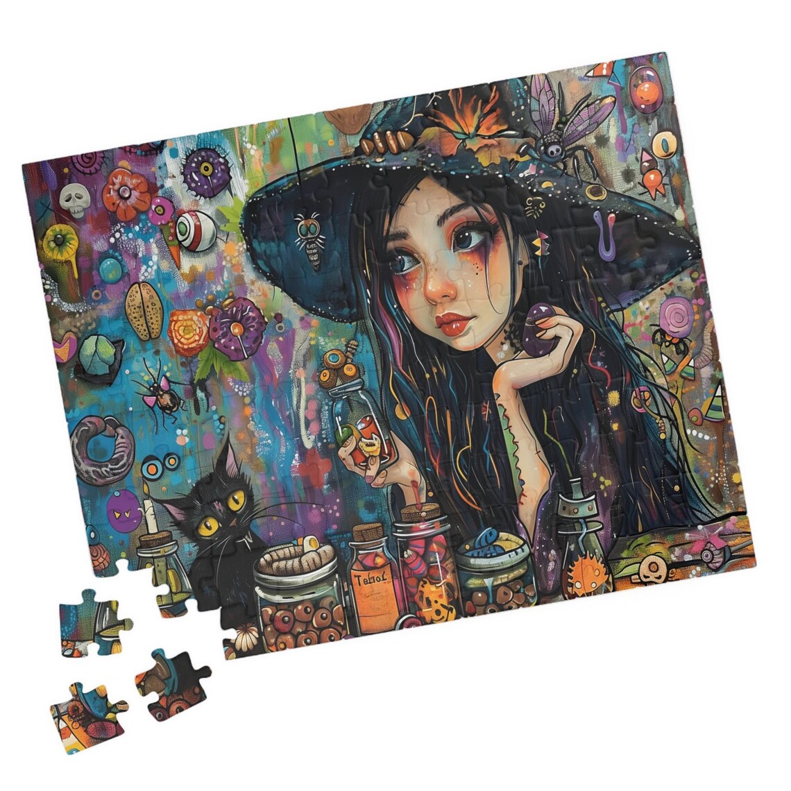 Young Witch Girl With Potion Bottles And Black Cat Halloween Art Poster