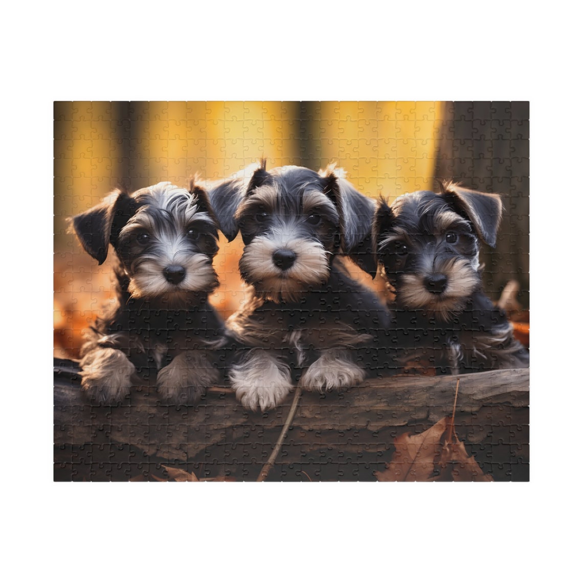 Three Salt and Pepper Schnauzer Puppies on a Log Autumn Poster - Image 5
