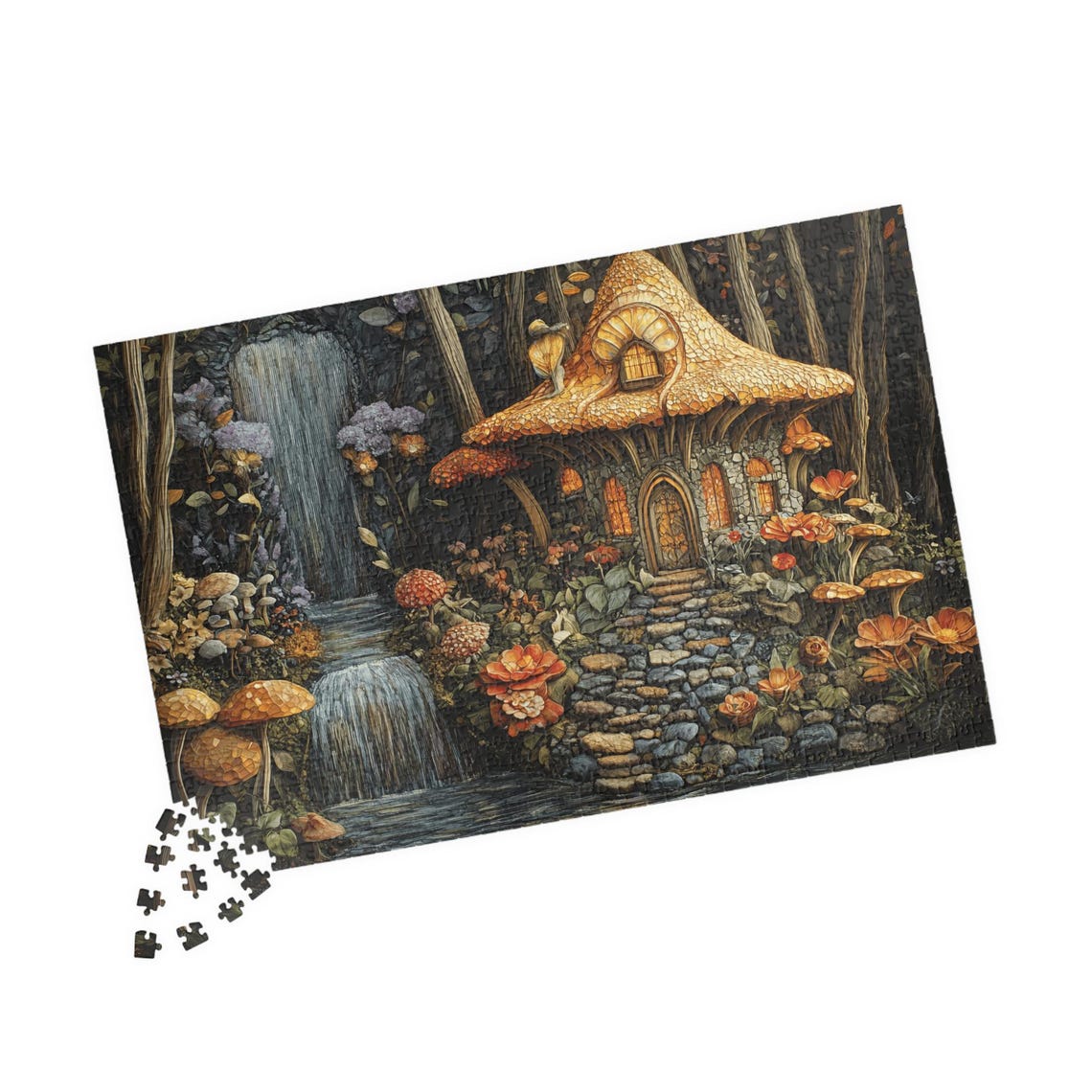 Spring Fairy Cottage with Waterfall in a Mushroom Forest Art Print - Image 4
