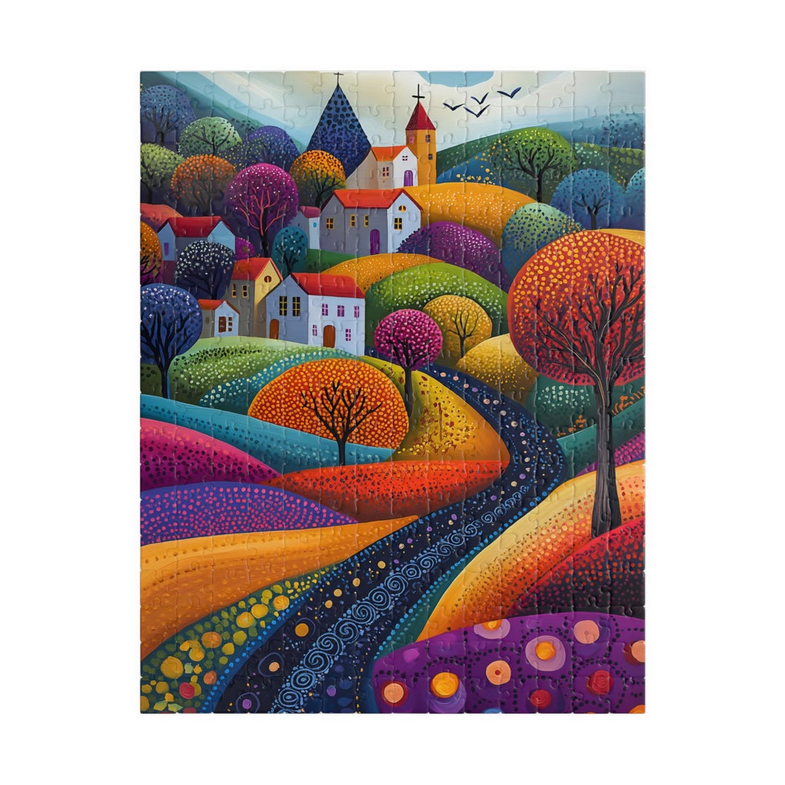 Colorful Naive Village with Church Among Rolling Hills Art Print - Image 5