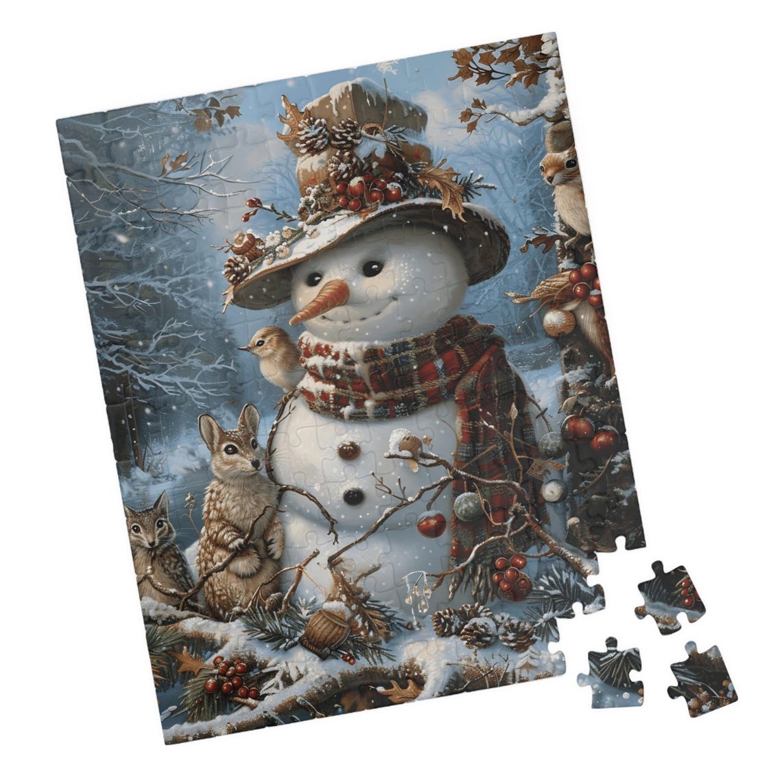 Snowman Woodland Animals Winter Forest Friends Holiday Poster