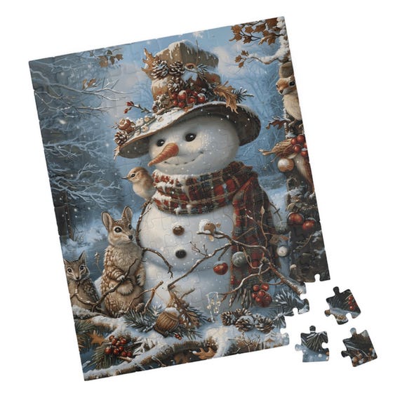 Snowman In The Woods With Animals Jigsaw Puzzle Great Gift For Holidays Birthdays Get Well And Nursing Homes Tech Free Family Activity