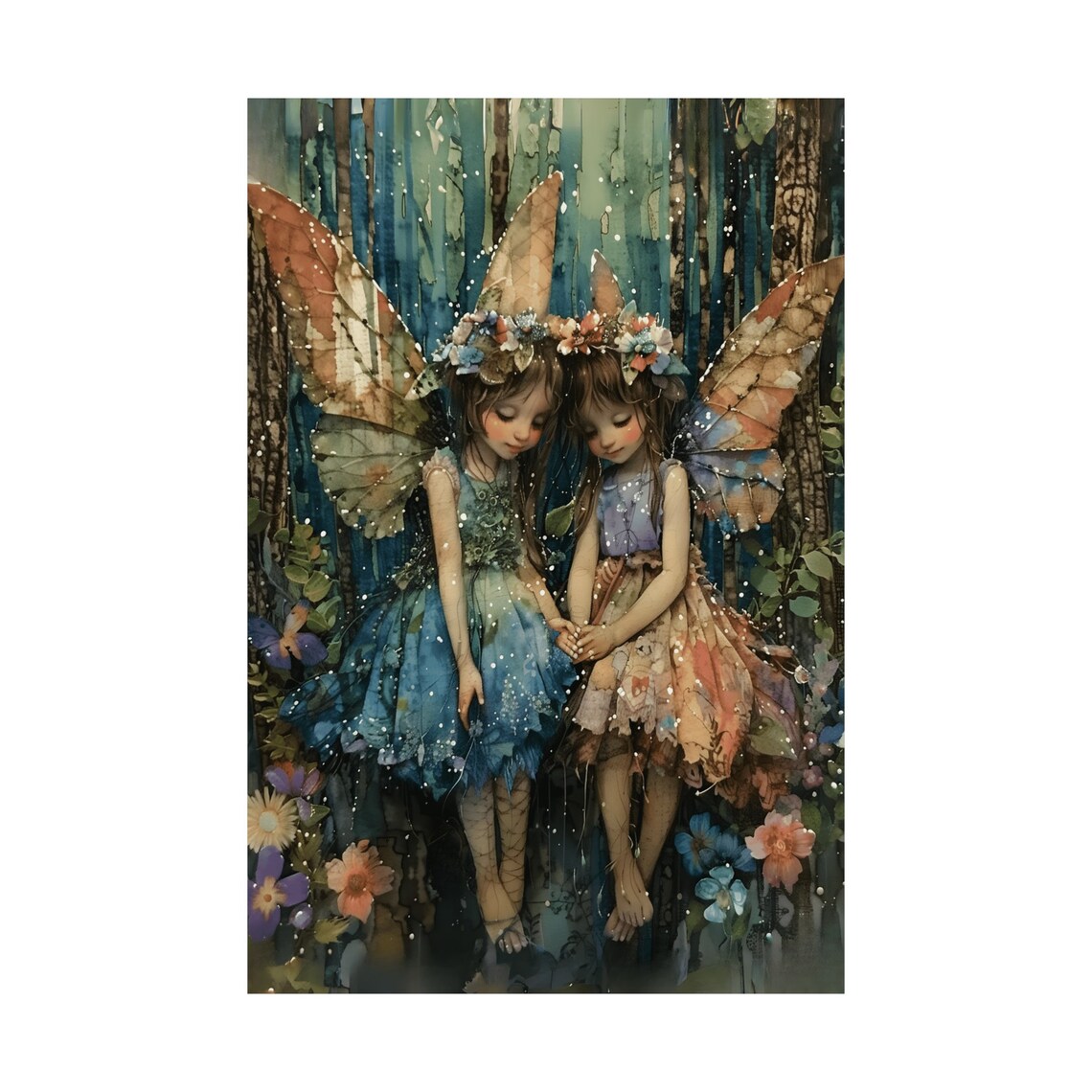 Two Watercolor Fairy Friends with Big Wings in a Flower Forest Poster - Image 3