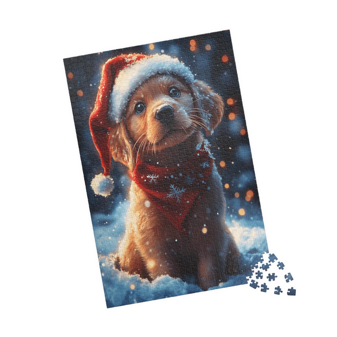 Golden Christmas Puppy in Santa Hat Art Print - Image 4