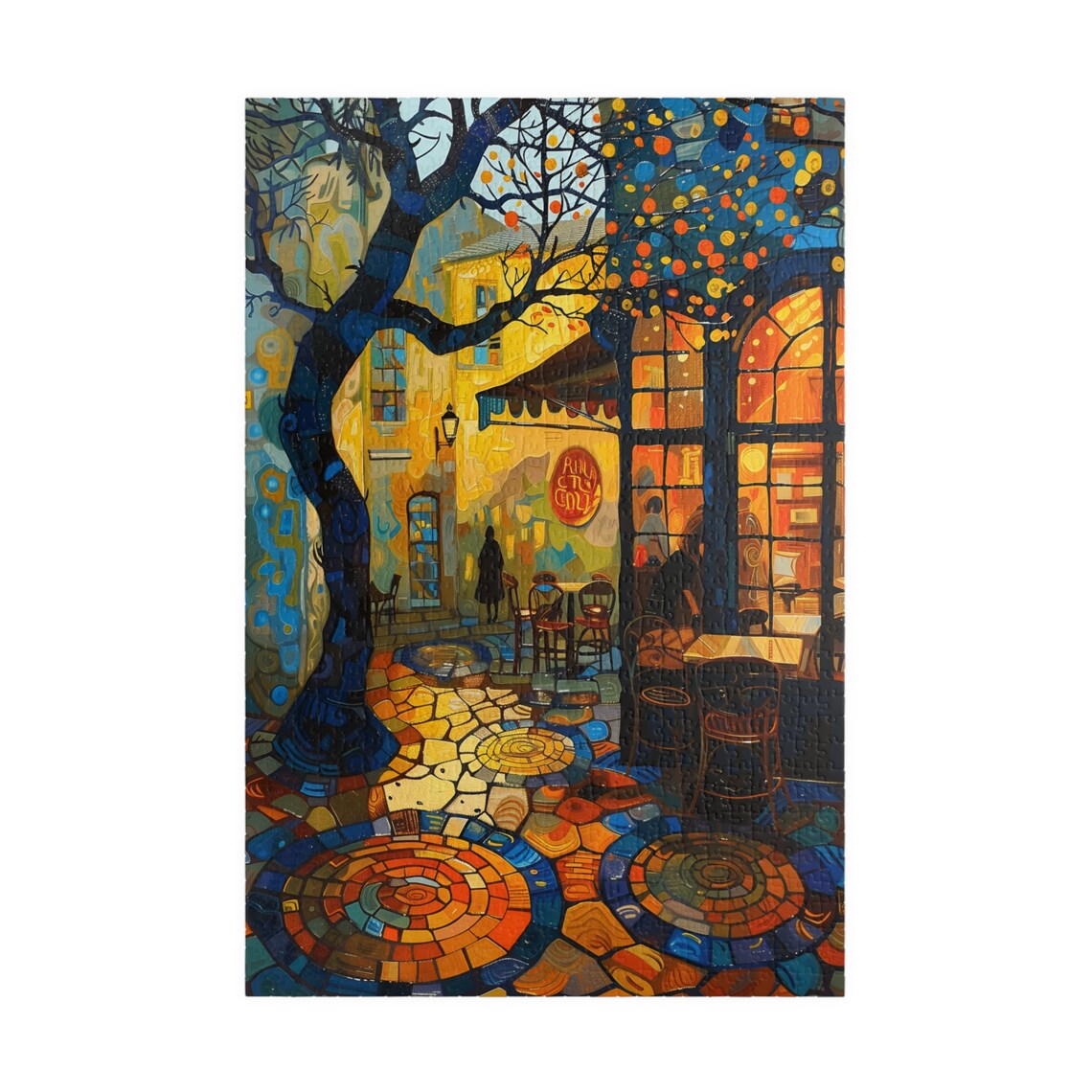 Glowing Twilight Cafe Terrace With Mosaic Cobblestone Art Poster - Image 3
