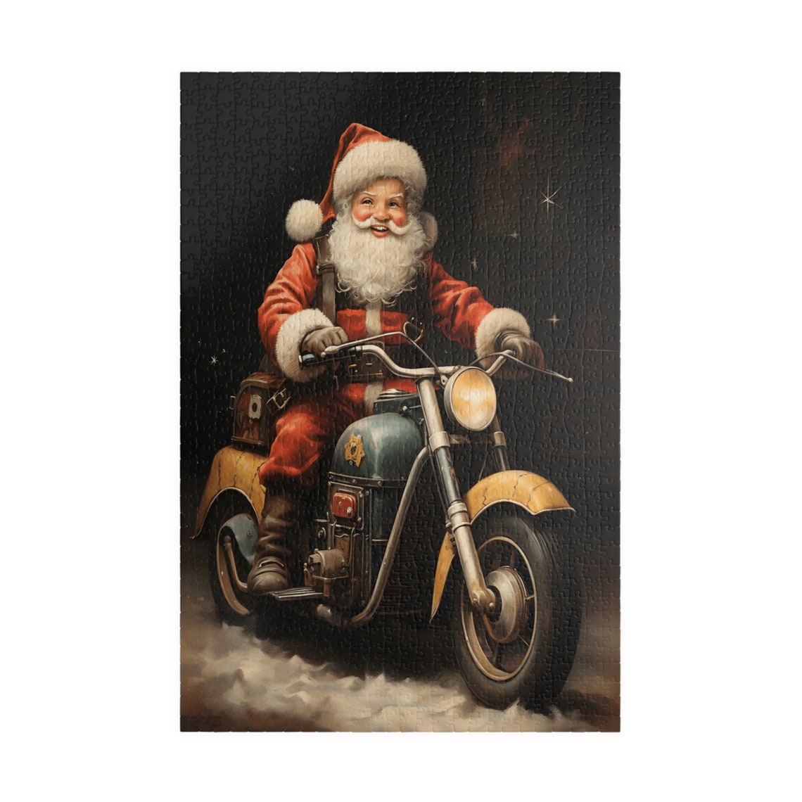 Cheerful Santa Claus Riding a Vintage Motorcycle at Night Art Print - Image 3