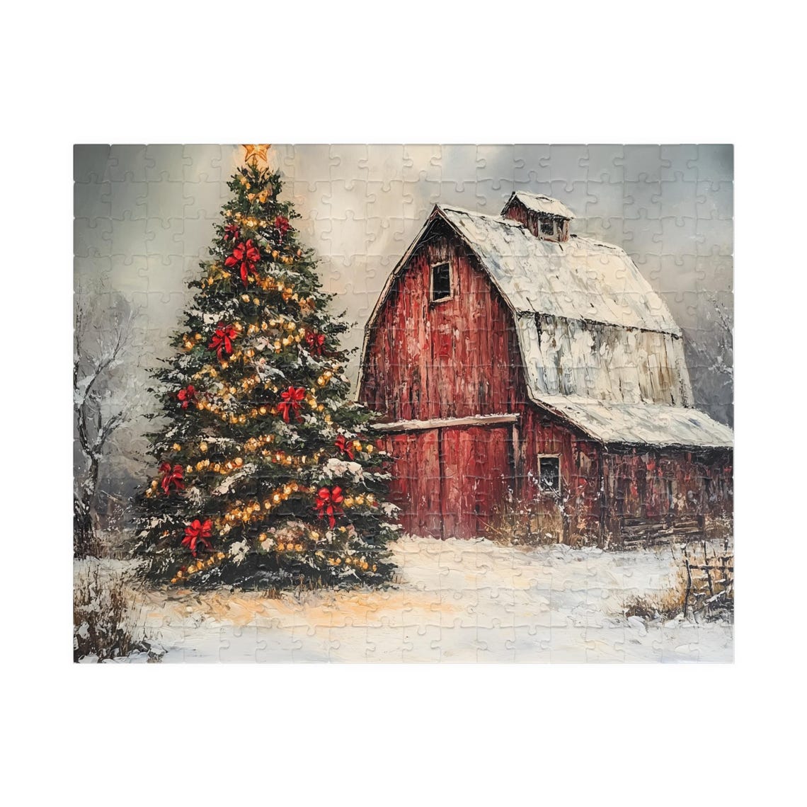 Red Barn With Decorated Christmas Tree Red Bows Lights Winter Poster - Image 3