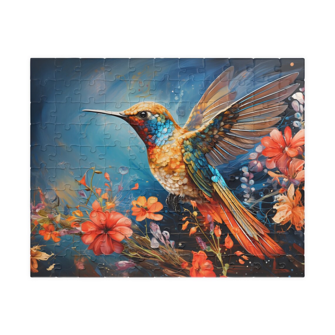 Colorful Hummingbird in Flight Among Vivid Red Flowers Poster - Image 3